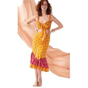 Cool Change Skirt Women Small Yellow Paisley Tiered Ruffle‎ Hem Boho Midi NWT